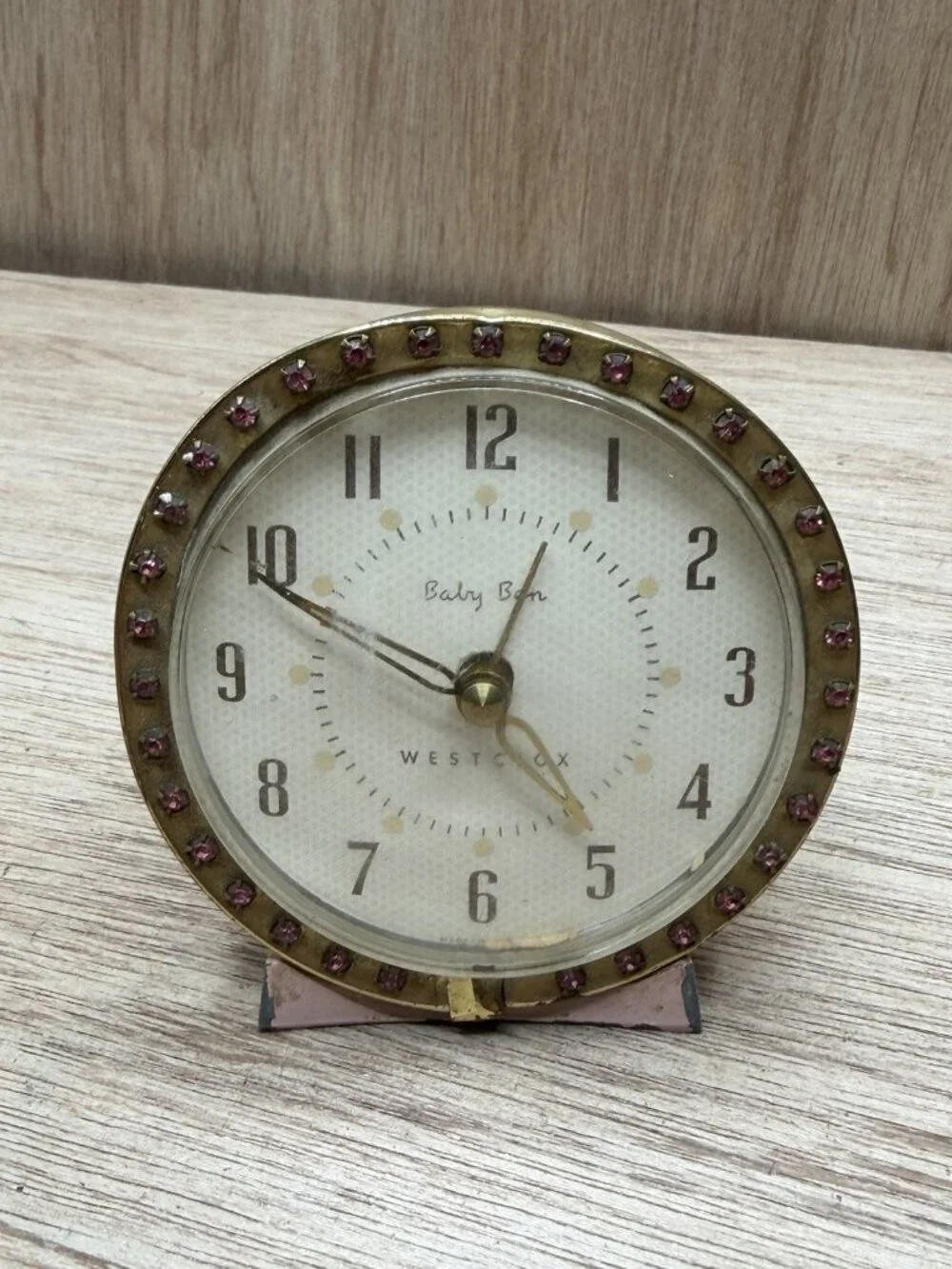 Vtg Baby Ben Alarm Clock Pink W/Brass Plated Base And Pink Stones In Lens Bezel